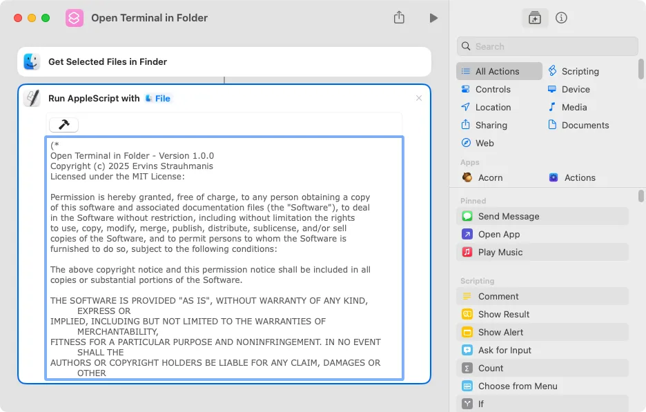 macOS Shortcuts app (on macOS 15): Adding AppleScript code