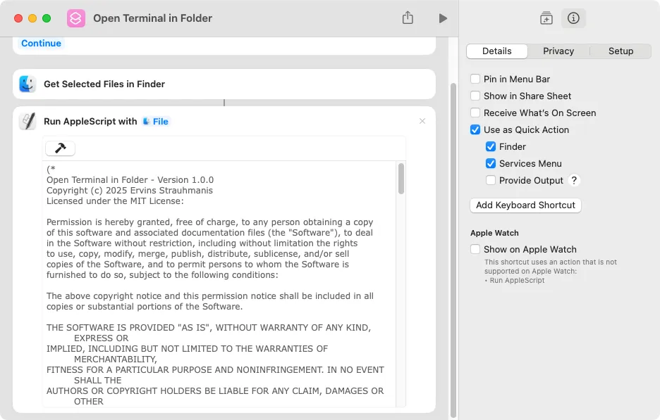 macOS Shortcuts app (on macOS 15): Configuring the Shortcut Details